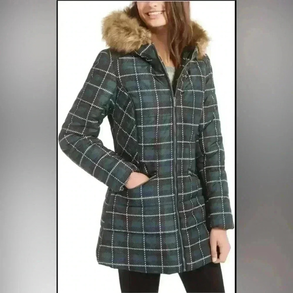 Celebrity Pink Jackets & Blazers - Celebrity Pink Juniors Faux Fur Hooded Plaid Puffer Coat Green Blue size Large